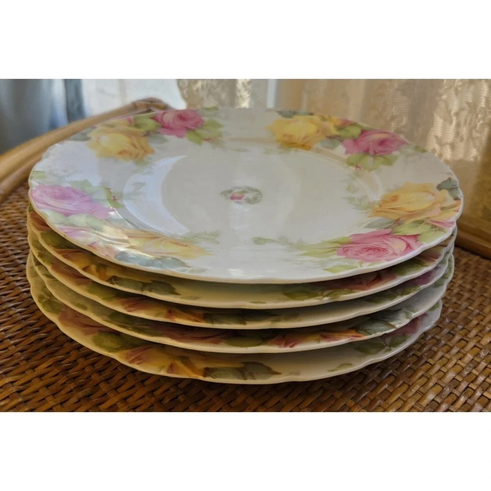 Antique Porcelain Plates 'Louvre' Series Hand- Painted Pink And Yellow Roses